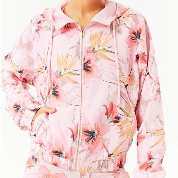 Pink Satin Tropical Island Print Bomber Windbreaker Hoodie Jacket - Picture 2 of 13